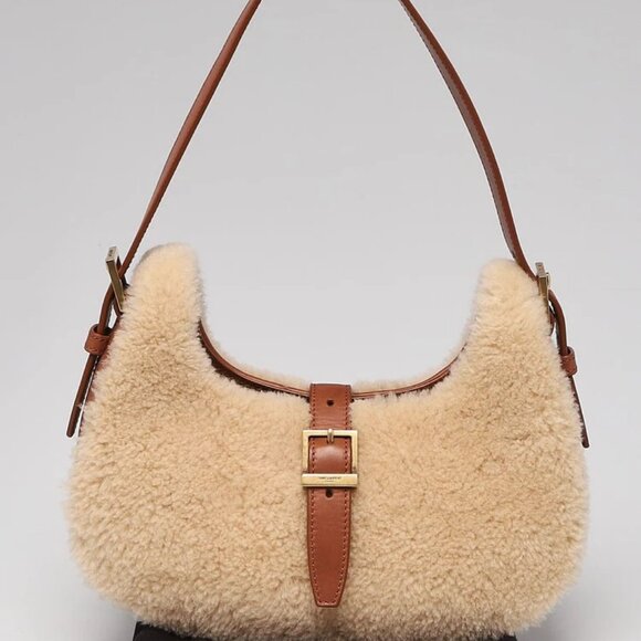 Yves Saint Laurent Natural Beige Shearling/Brick Leather Le Fermoir Shoulder Bag - Picture 1 of 10